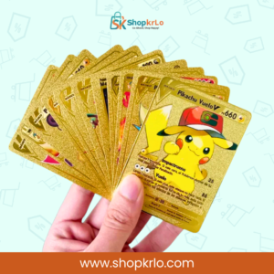 Golden foil Pokémon cards displayed in a fan with Pikachu artwork