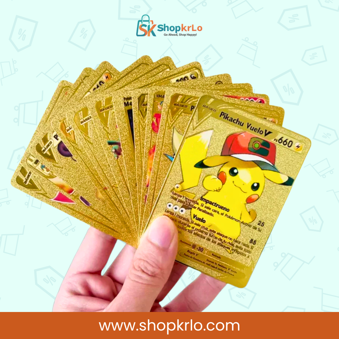 Golden foil Pokémon cards displayed in a fan with Pikachu artwork