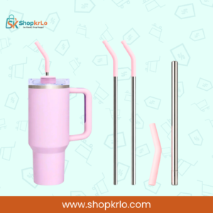 Stainless steel reusable straw fitted inside a large pink handled drinking tumbler