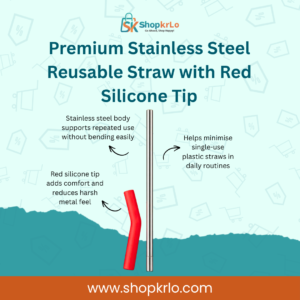 Stainless Steel Reusable Straw with soft red silicone tip for comfortable daily sipping