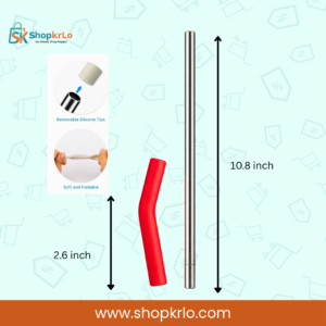 Long 10.8-inch reusable stainless steel drinking straw shown with removable red silicone tip
