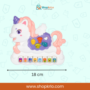 Compact 18 cm musical unicorn toy displayed against a light background
