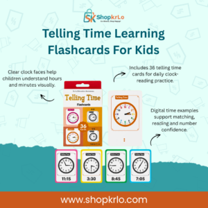Telling Time Learning Flashcards for Kids with colourful clock practice cards