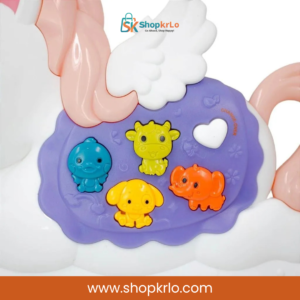 Close view of four colourful animal sound buttons on unicorn toy