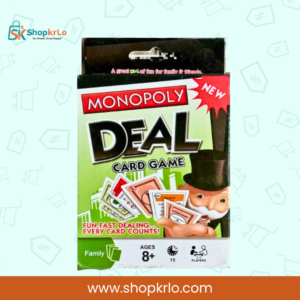 Front view of Monopoly Deal card game packaging for players aged eight plus