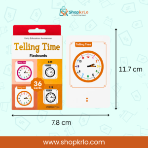 Telling time flashcard dimensions measuring approximately 7.8 by 11.7 centimetres