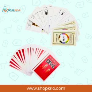 Monopoly Deal property and rent cards arranged for quick family gameplay