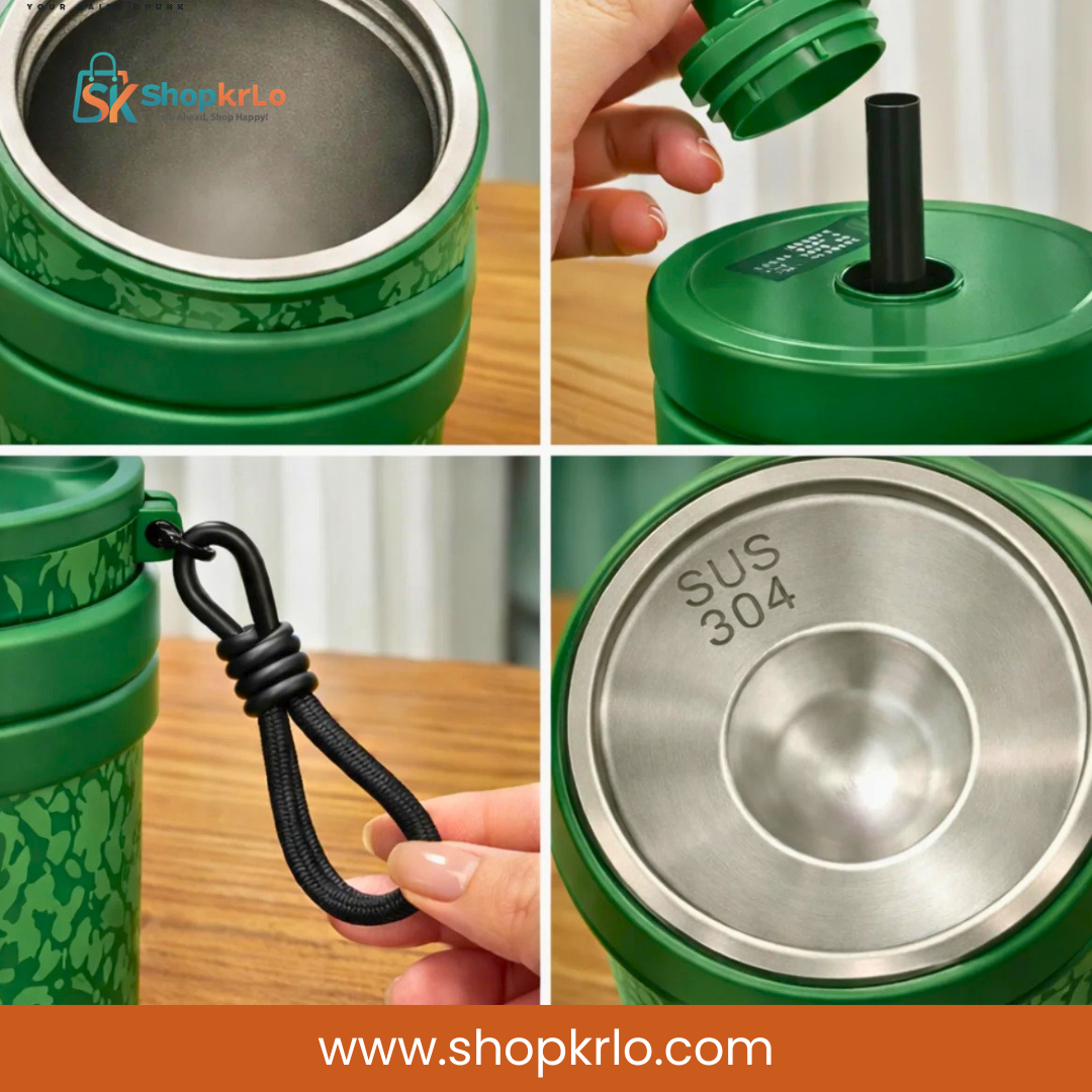 Close-up of durable SUS 304 stainless-steel interior inside green tumbler