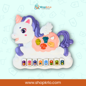 Front view of Magical Unicorn Musical Piano Toy with colourful piano keys