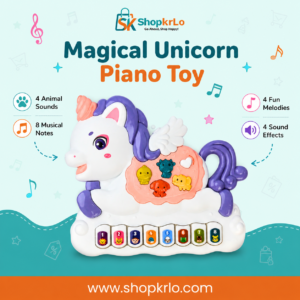 Magical unicorn piano toy with built-in melodies, musical notes and sound effects