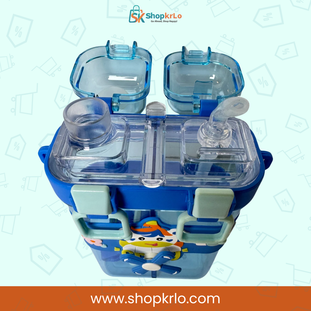Open lids showing two separate drink compartments and transparent blue construction