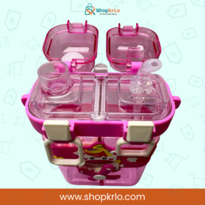 Open pink kids bottle showing two separate drink compartments and lids