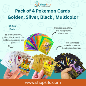 Pack of four Pokémon card sets in golden, silver, black and multicolour