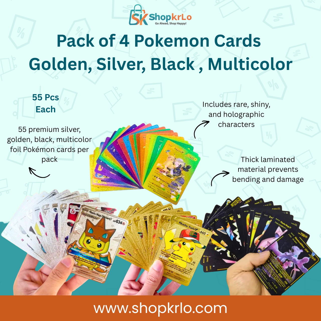 Pack of four Pokémon card sets in golden, silver, black and multicolour