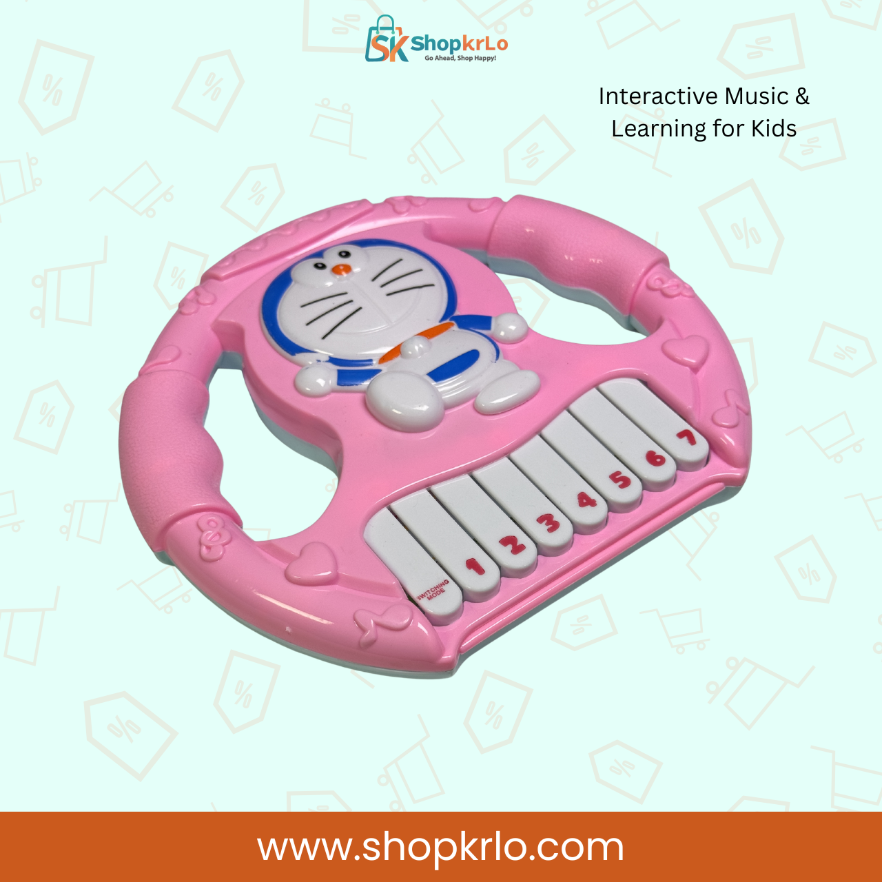 Pink kids musical piano showing seven numbered keyboard keys for interactive play
