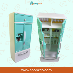 Kids pretend refrigerator featuring double doors, mini dispenser, shelves and lower drawer