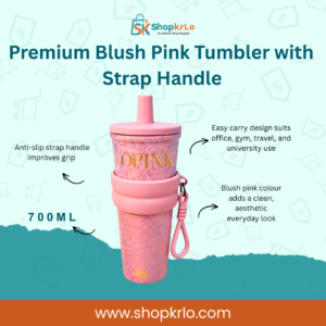 Premium blush pink 700ml tumbler with straw lid and carrying strap