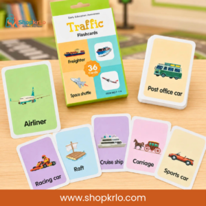 Colourful vehicle learning cards featuring racing car, raft and carriage