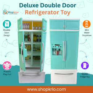 Double Door Refrigerator Toy shown closed and open with organised internal storage shelves