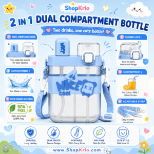 Secure locking cap on blue dual compartment water bottle for kids