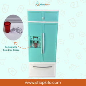 Aqua refrigerator toy featuring mini dispenser with included cup and clear ice cubes