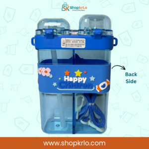 Back view of children’s bottle displaying divided body and carrying strap