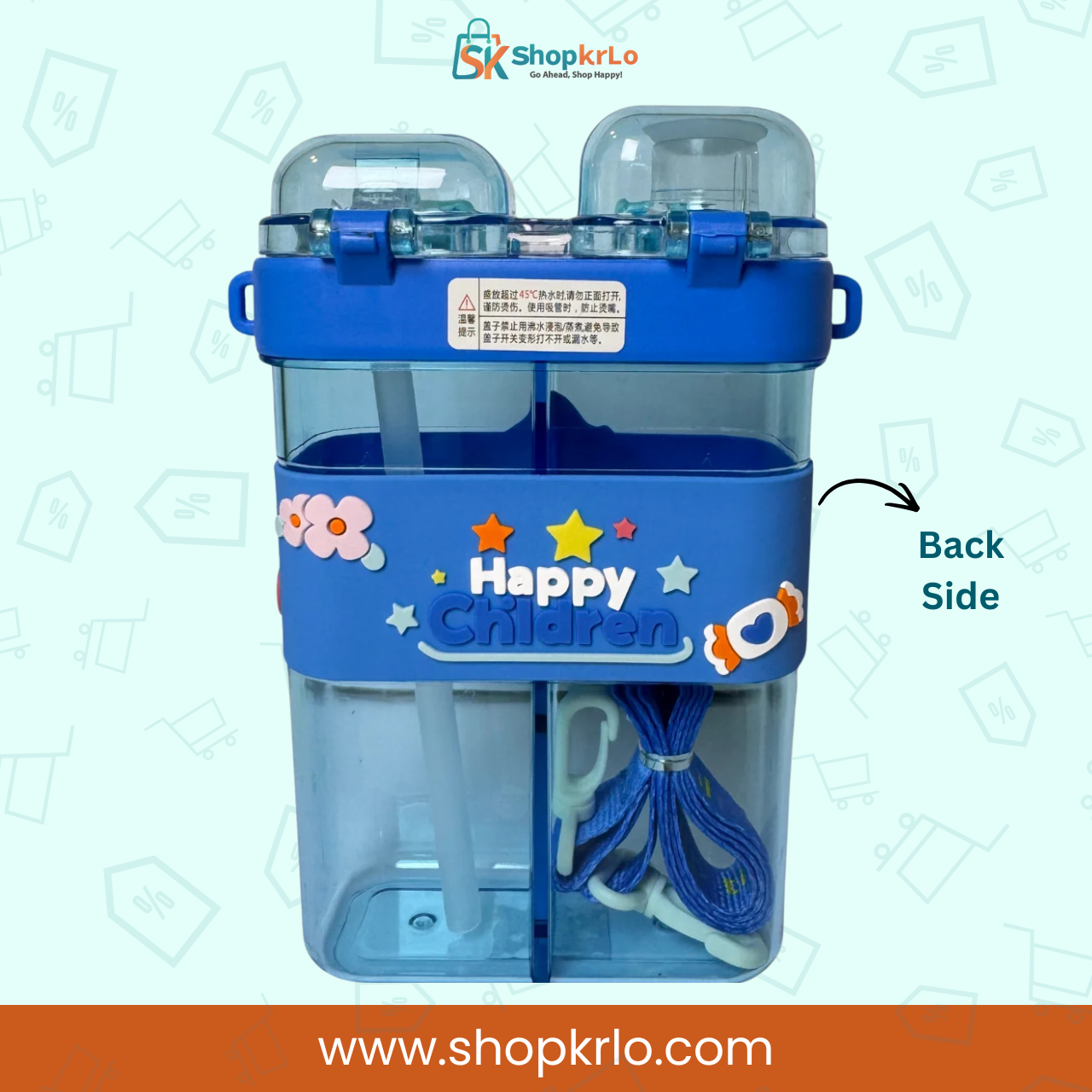 Back view of children’s bottle displaying divided body and carrying strap