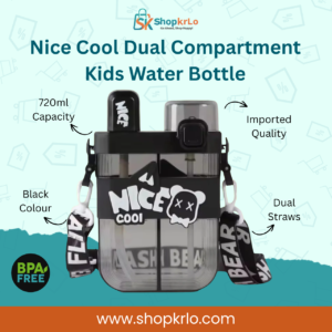 Front view of Nice Cool dual compartment kids water bottle in black