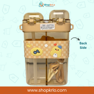 Back view of transparent beige kids bottle with dual liquid chambers