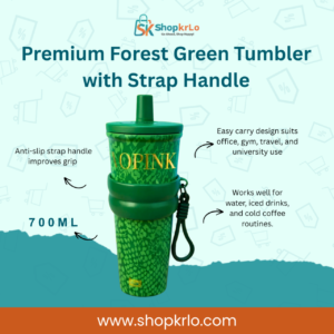 Premium forest green 700ml tumbler with straw lid and carry strap
