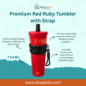 Premium Red Ruby Tumbler with Strap displayed against a clean shopping background