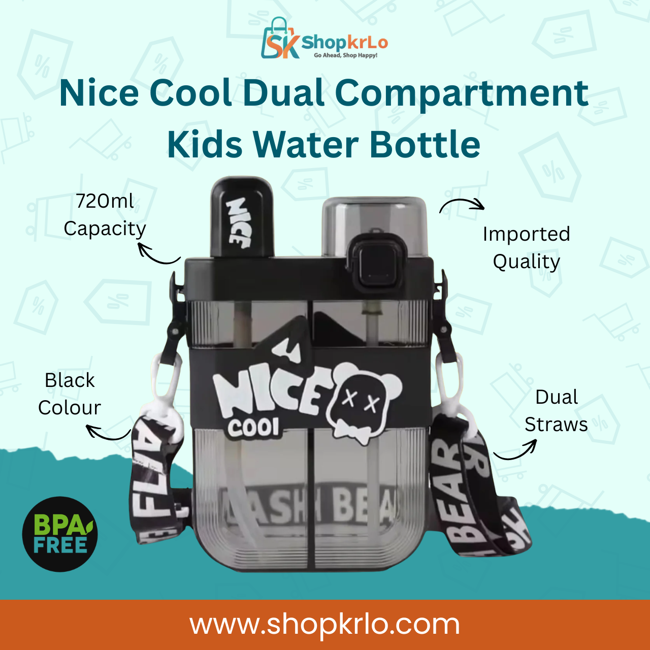 Front view of Nice Cool dual compartment kids water bottle in black