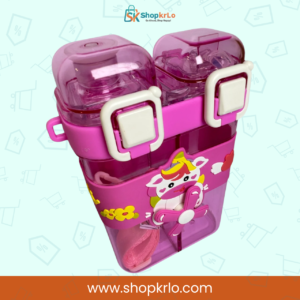 Pink cartoon cow dual compartment kids water bottle with secure front locks