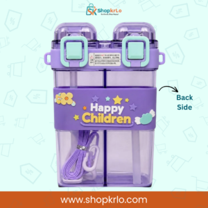 Back view of transparent purple kids bottle with strap stored inside