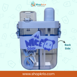 Back view of blue kids bottle with transparent body and carry strap