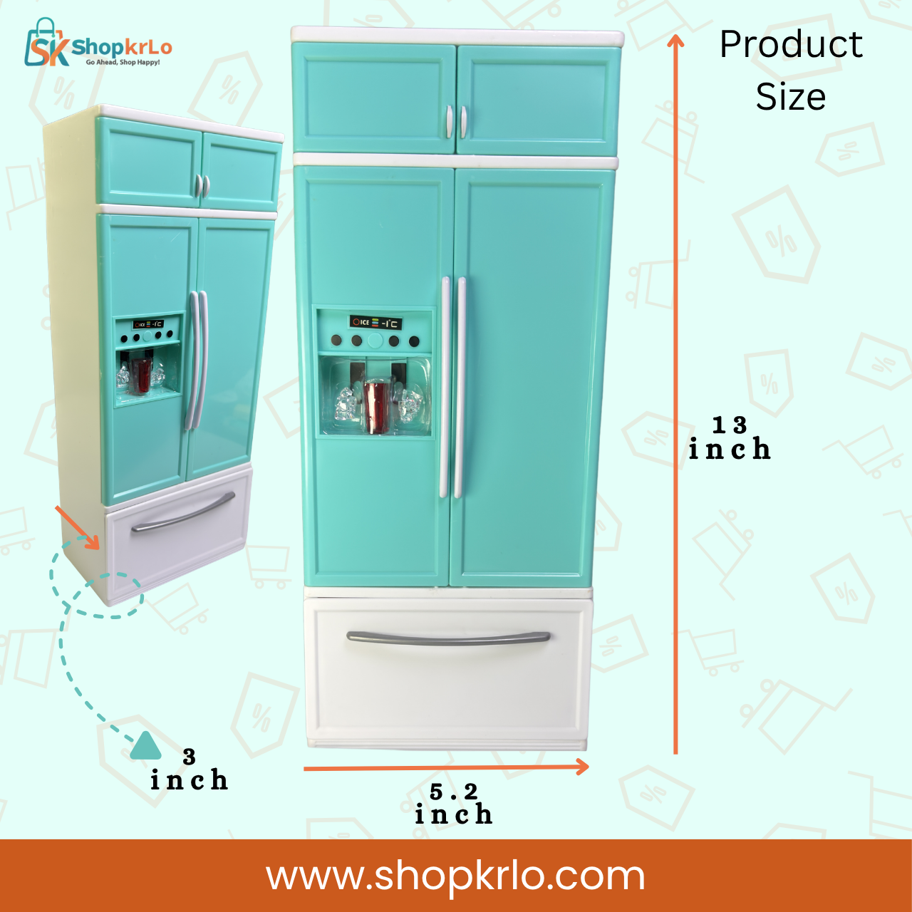 Double Door Refrigerator Toy dimensions showing thirteen-inch height and compact body proportions