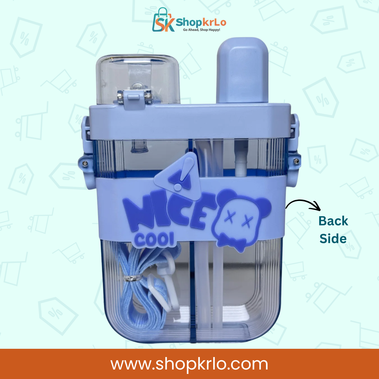 Back view of blue kids bottle with transparent body and carry strap