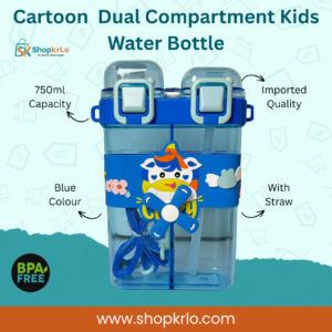 Front view of blue dual compartment kids water bottle with cartoon design