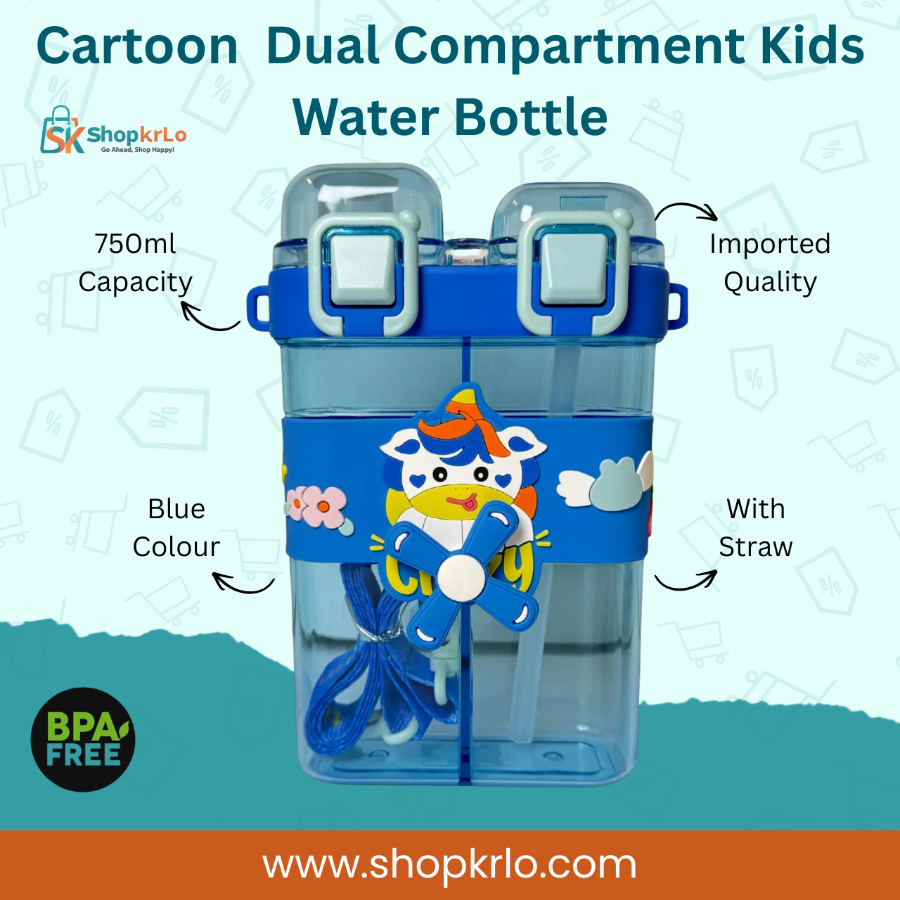 Front view of blue dual compartment kids water bottle with cartoon design
