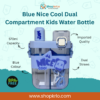 Blue dual compartment kids water bottle with two drinking spouts and strap