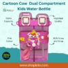 Front view of pink cartoon school water bottle with cow decoration