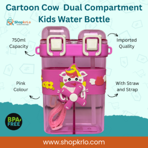 Front view of pink cartoon school water bottle with cow decoration
