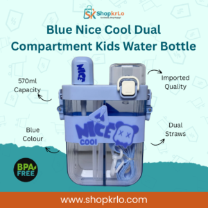 Blue dual compartment kids water bottle with two drinking spouts and strap