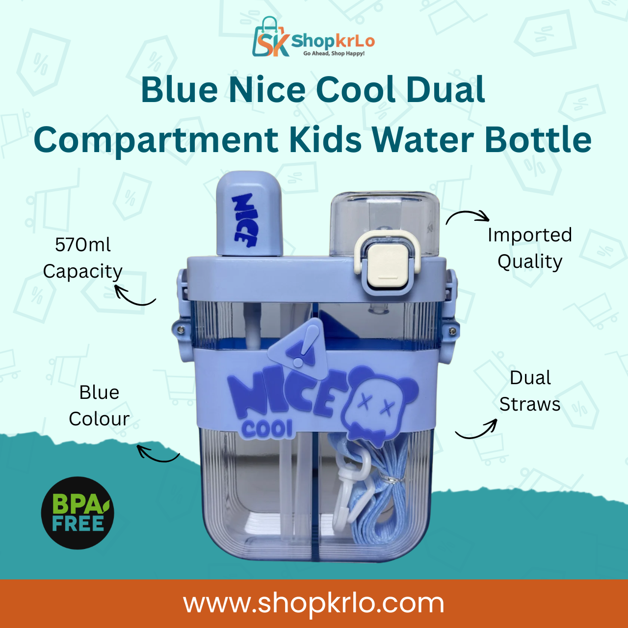 Blue dual compartment kids water bottle with two drinking spouts and strap