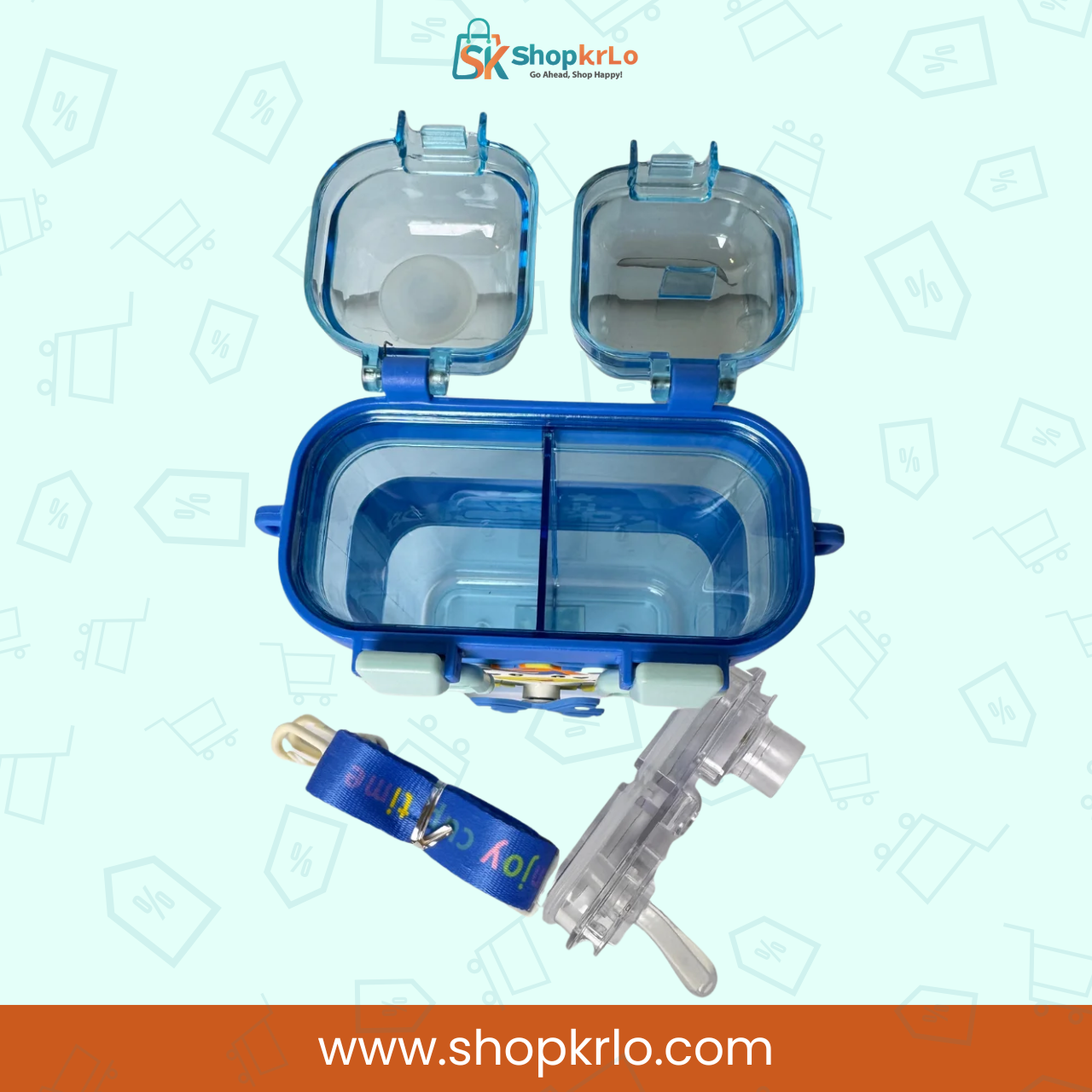 Open bottle showing removable straw attachment, internal divider and carrying accessories