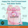 Front view of transparent Happy Day bunny bottle with dual drinking compartments