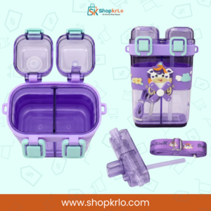 Kids bottle displayed with removable straw, shoulder strap and open compartments