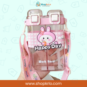 Pink Happy Day dual compartment kids water bottle with bunny design and strap