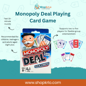 Front view of Monopoly Deal Playing Cards packaging for ages eight plus