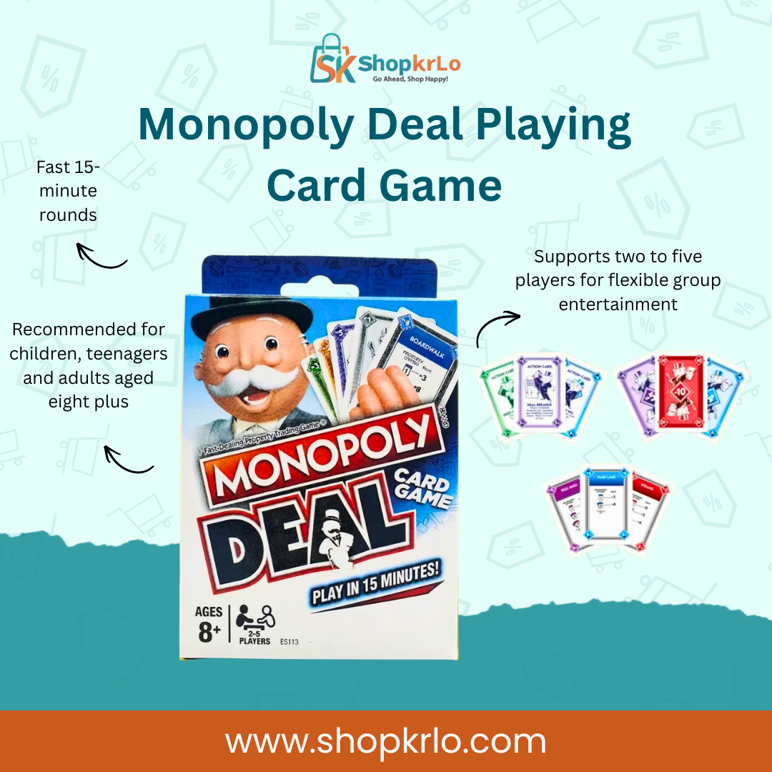 Front view of Monopoly Deal Playing Cards packaging for ages eight plus